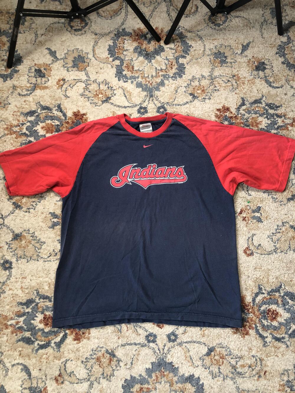 Cleveland Indians Shirt Mens Large Blue Red MLB Baseball Nike Raglan Tee Classic